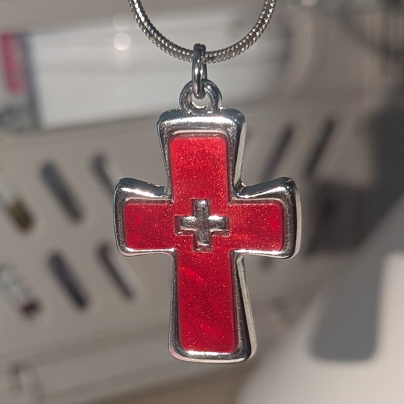 18" Red Enamel Cross Intersection  Pendant Necklace - Picture 4 of 4